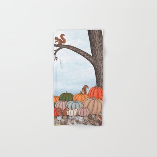 heirloom pumpkins, squirrels, & the oak tree Hand & Bath Towel