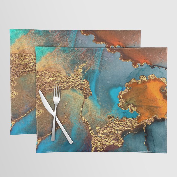 Abstract Blue And Gold Autumn Marble Placemat