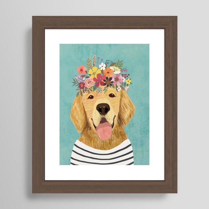 Golden Retriever Dog with Floral Crown Art Print – Funny Decoration Gift –  Cute Room Decor – Poster Wall Tapestry by Mia Charro