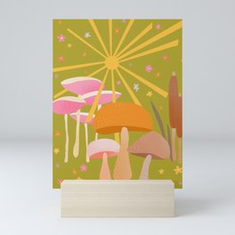 Sunny Mushrooms - green pink yellow orange Mini Art Print