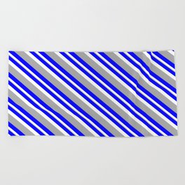 [ Thumbnail: Blue, White, and Dark Grey Colored Lined/Striped Pattern Beach Towel ]