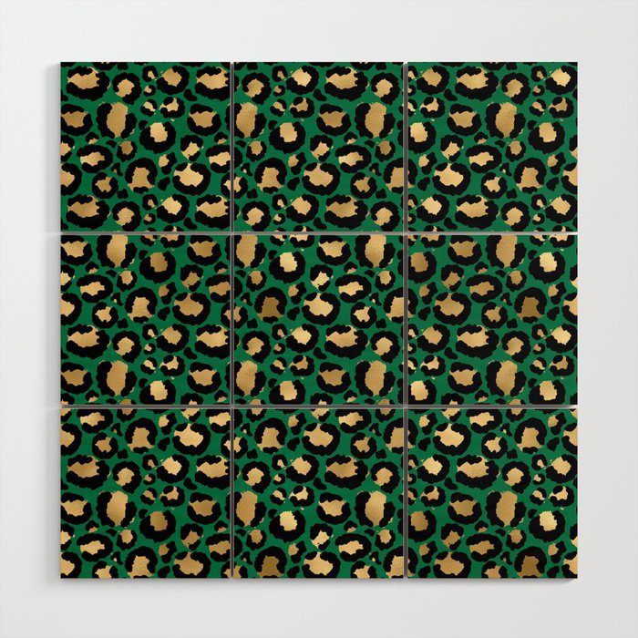 Green Gold Leopard Pattern Wood Wall Art