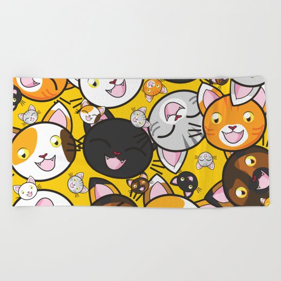 Smiley Cat Face Pattern - Cat Lovers Beach Towel