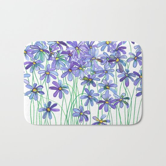 Purple Daisies in Watercolor & Colored Pencil Bath Mat