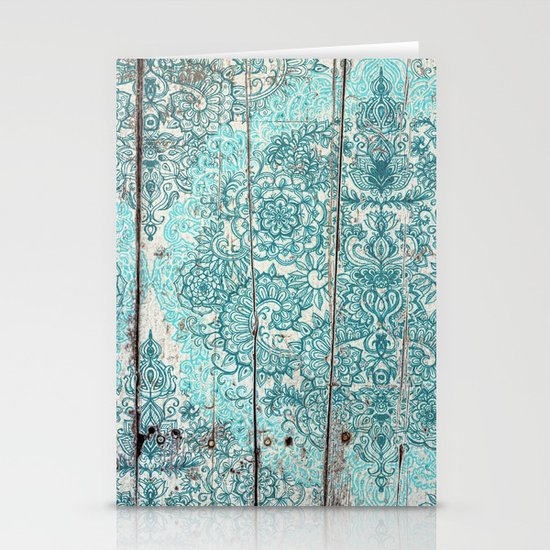 Teal & Aqua Botanical Doodle on Weathered Wood Stationery Cards
