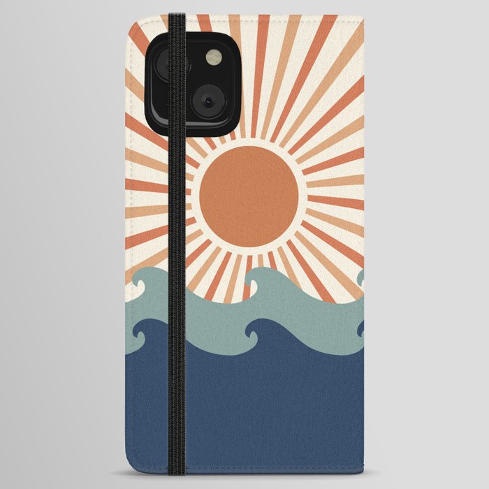 Retro, Sun and Wave Art, Blue and Orange iPhone Wallet Case