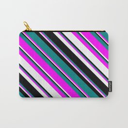 [ Thumbnail: Teal, Fuchsia, White, and Black Colored Lined/Striped Pattern Carry-All Pouch ]