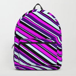 [ Thumbnail: Fuchsia, Indigo, Light Cyan & Black Colored Lines Pattern Backpack ]