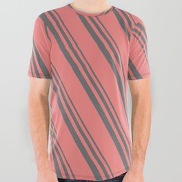 [ Thumbnail: Dim Grey & Light Coral Colored Lined/Striped Pattern All Over Graphic Tee ]