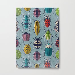 These don't bug me // duck egg blue background green yellow neon red orange pink blue and black and ivory retro paper cut beetles and insects Metal Print | Graphicdesign, Insects, Beetle, Insecta, Ladybugs, Ladybird, Selmacardoso, Vintage, Pattern, Insectophobia 