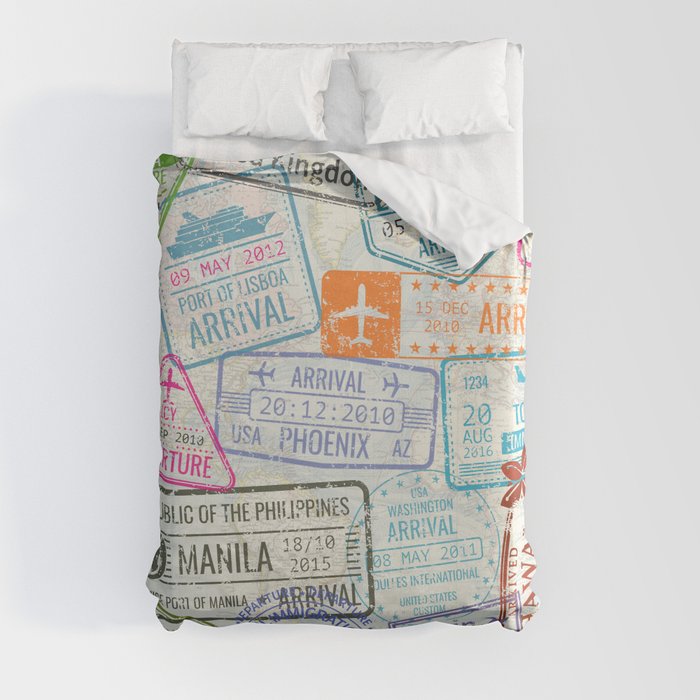 Vintage World Map with Passport Stamps Duvet Cover