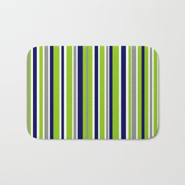 Lime Green Bright Navy Blue Gray and White Vertical Stripes Pattern Bath Mat