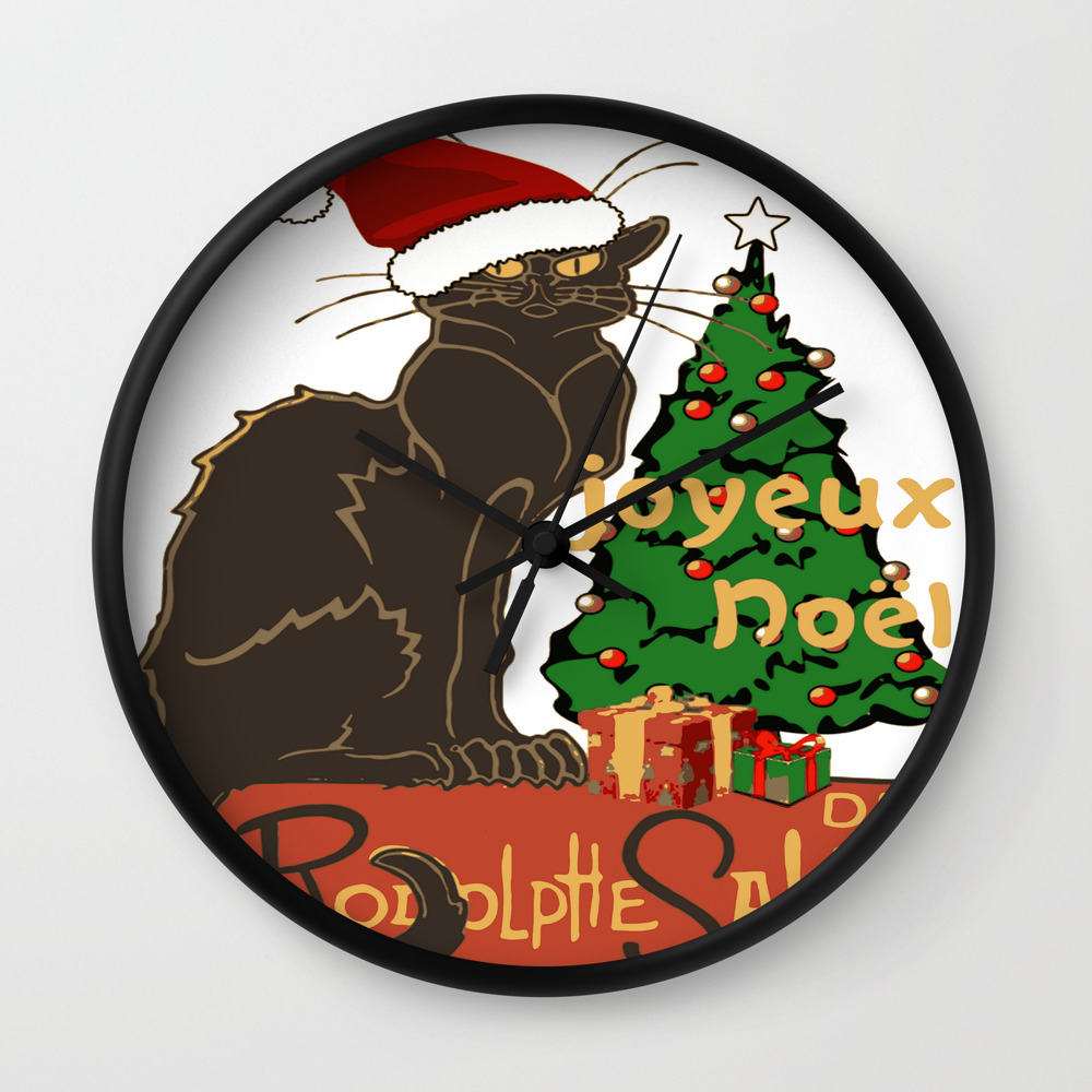 Joyeux Noel Le Chat Noir With Tree And Gifts Wall Clock By Taiche Society6