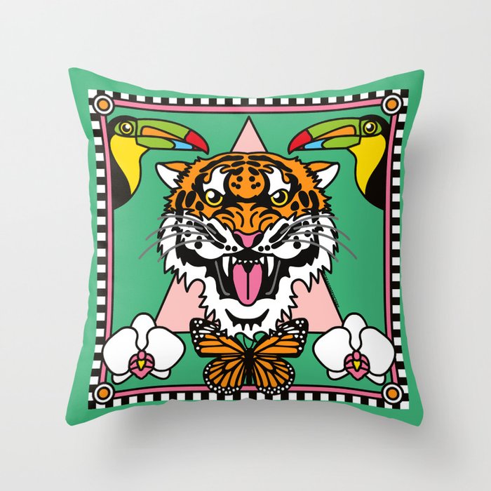 Tropical Jungle Mystic Tiger Year of the Water Tiger Power Green Throw Pillow