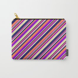 [ Thumbnail: Coral, Dark Violet, Pale Goldenrod, and Midnight Blue Colored Lined/Striped Pattern Carry-All Pouch ]