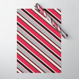[ Thumbnail: Crimson, Beige, Dark Grey, and Black Colored Lined/Striped Pattern Wrapping Paper ]