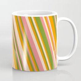 [ Thumbnail: Green, Dark Orange, Bisque, and Light Coral Colored Lines Pattern Coffee Mug ]