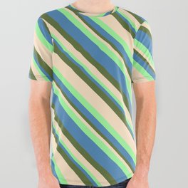 [ Thumbnail: Green, Blue, Dark Olive Green, and Bisque Colored Striped/Lined Pattern All Over Graphic Tee ]