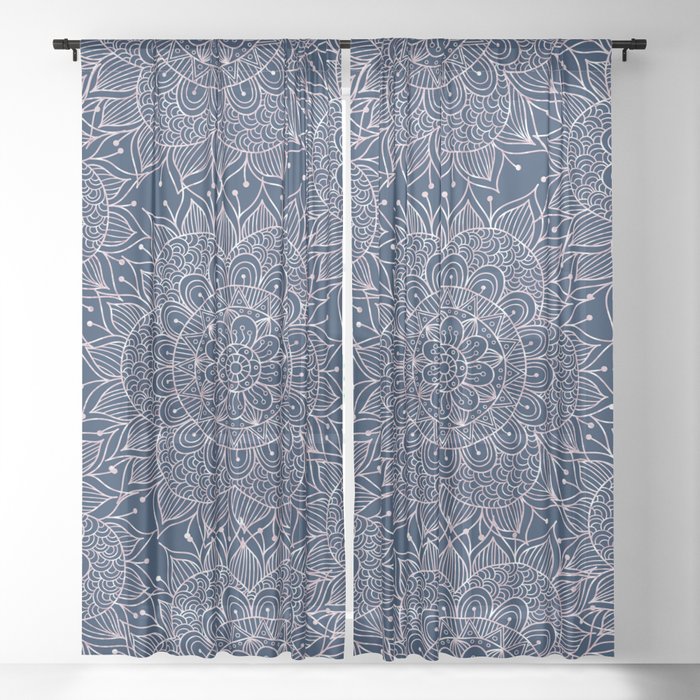 Modern Navy Blue Blush Pink Watercolor Floral Mandala Sheer