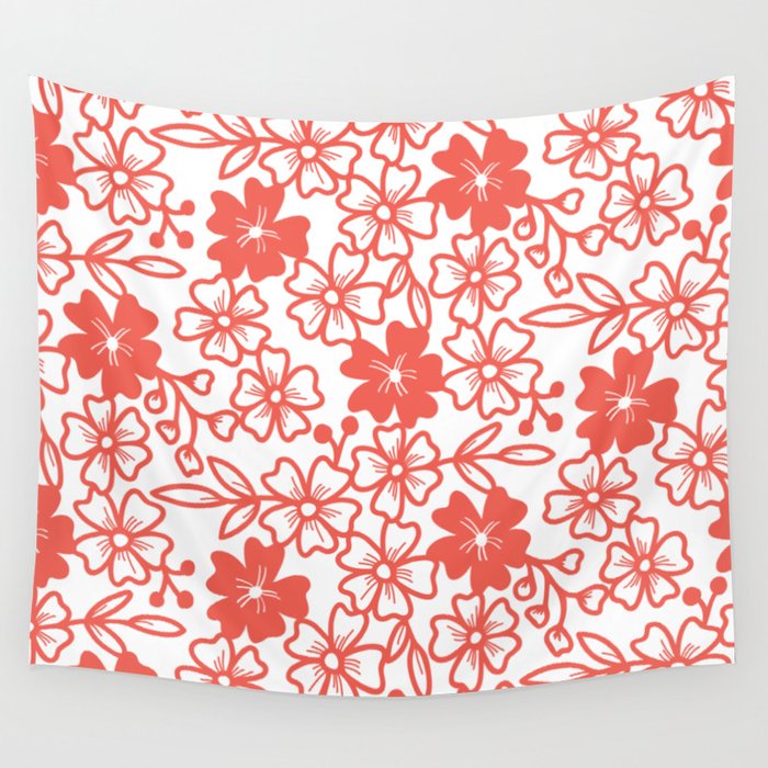 Sakura flower silhouettes in coral red and white Wall Tapestry