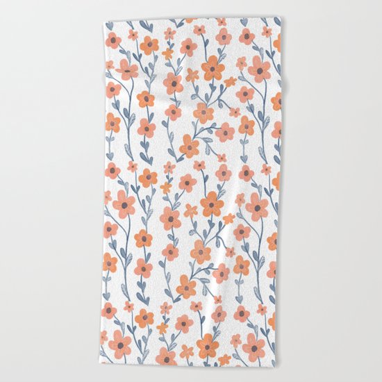 Orange Blue Foral Pattern Beach Towel