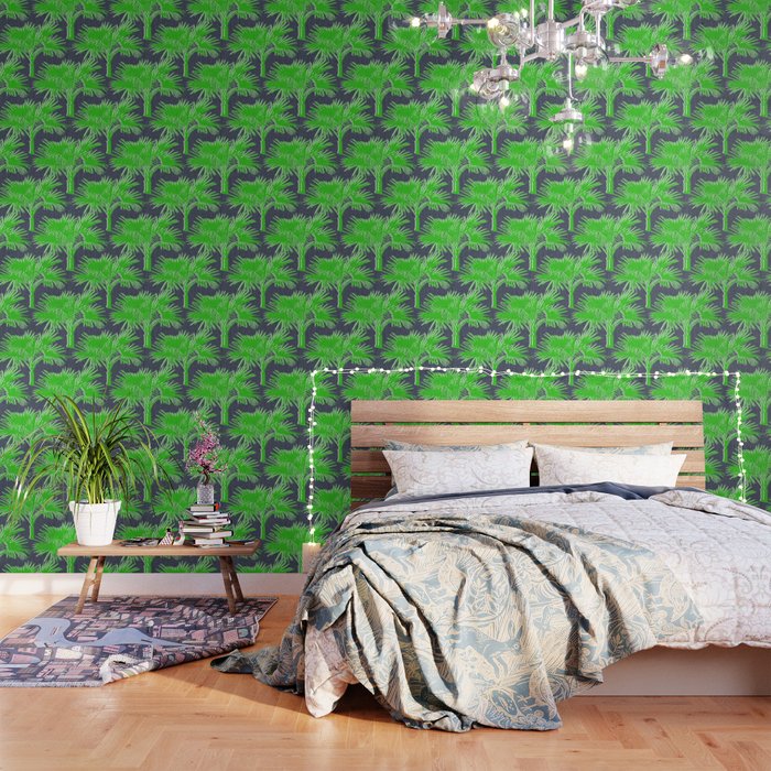 Tropical Palms Kelly Green on Navy Wallpaper