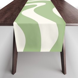 Modern Liquid Swirl Abstract Pattern in Light Sage Green and Cream Table Runner