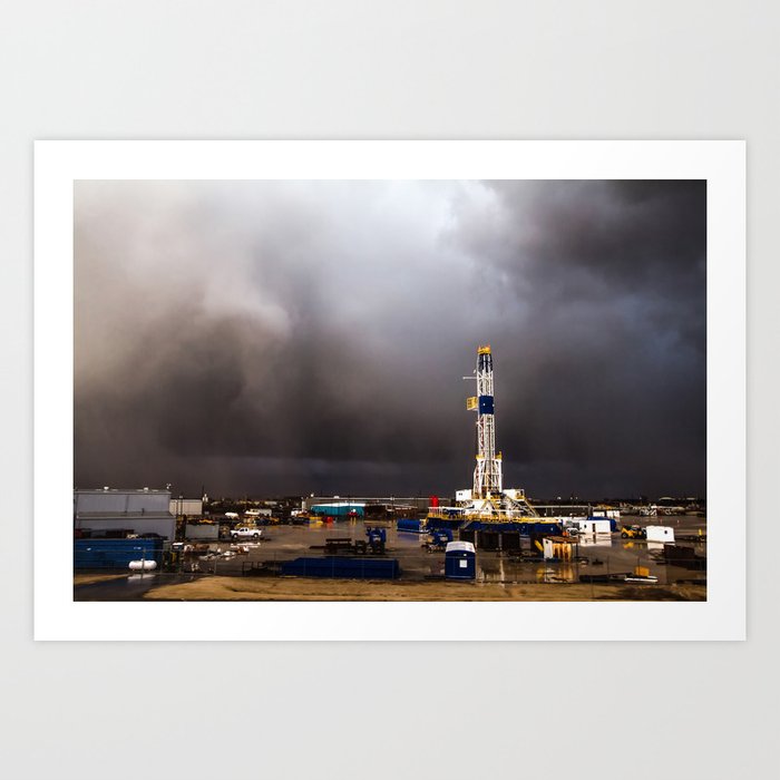 Oil Rig - Drilling Rig in Passing Thunderstorm on Spring Day in Oklahoma Art Print