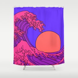 Great Wave in Vaporwave Pop Art style. View on ocean's crest leap toward the sky. Stylized line art illustration of 19th century Japanese print. Shower Curtain