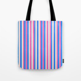 [ Thumbnail: Blue, Beige & Hot Pink Colored Pattern of Stripes Tote Bag ]