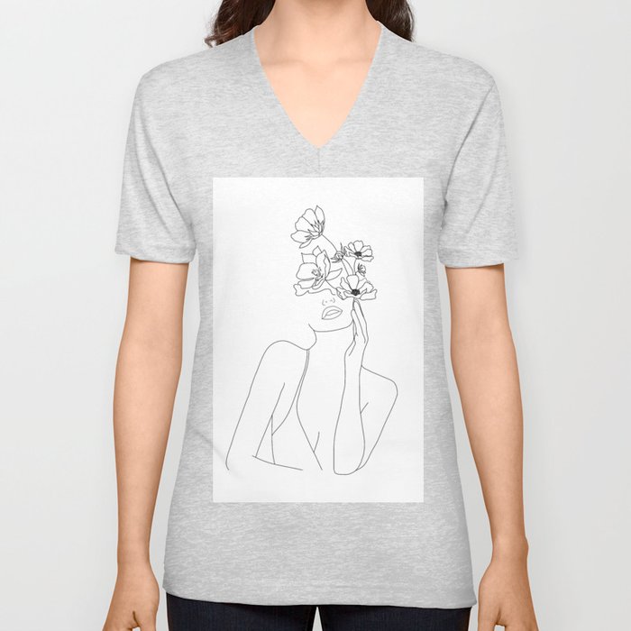 Minimal Line Art Woman with Flowers V Neck T Shirt