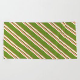 [ Thumbnail: Beige, Green & Dark Salmon Colored Striped/Lined Pattern Beach Towel ]