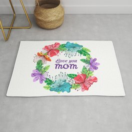 Happy Mothers Day card design with wreath exotic flowers. Love you mom. Rug
