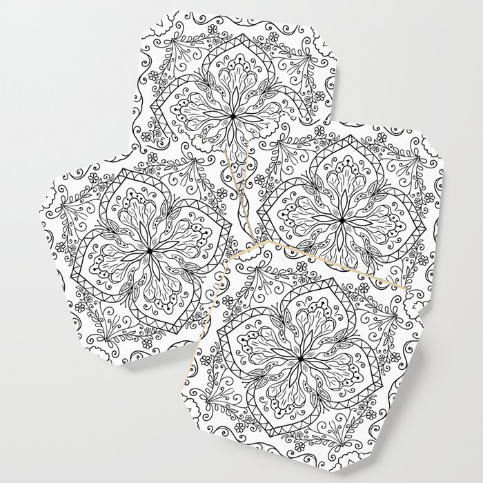 White and Black Elegant Flourish Tile Mandala Coaster