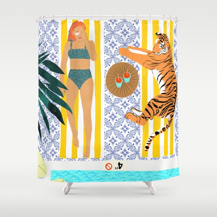 How To Vacay With Your Tiger, Human Animal Connection Illustration, Tropical Travel Morocco Painting Shower Curtain