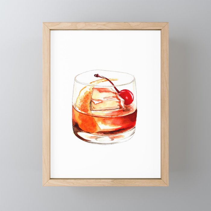 Cocktails. Old Fashioned. Watercolor Painting. Framed Mini Art Print
