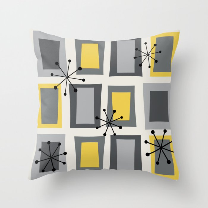 Mid Century Modern Art 'Wonky Doors' Yellow Gray Throw Pillow