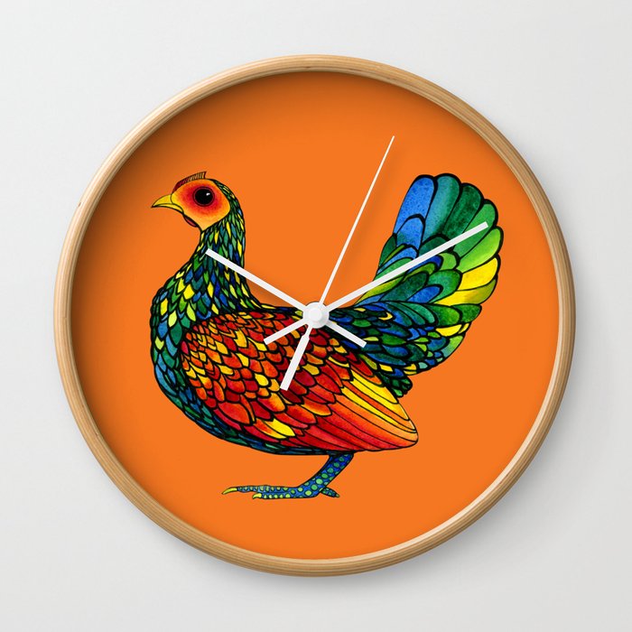 Stained Glass Chicken in Watercolor and Ink Wall Clock