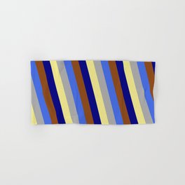 [ Thumbnail: Vibrant Royal Blue, Dark Grey, Tan, Blue, and Brown Colored Lines/Stripes Pattern Hand & Bath Towel ]