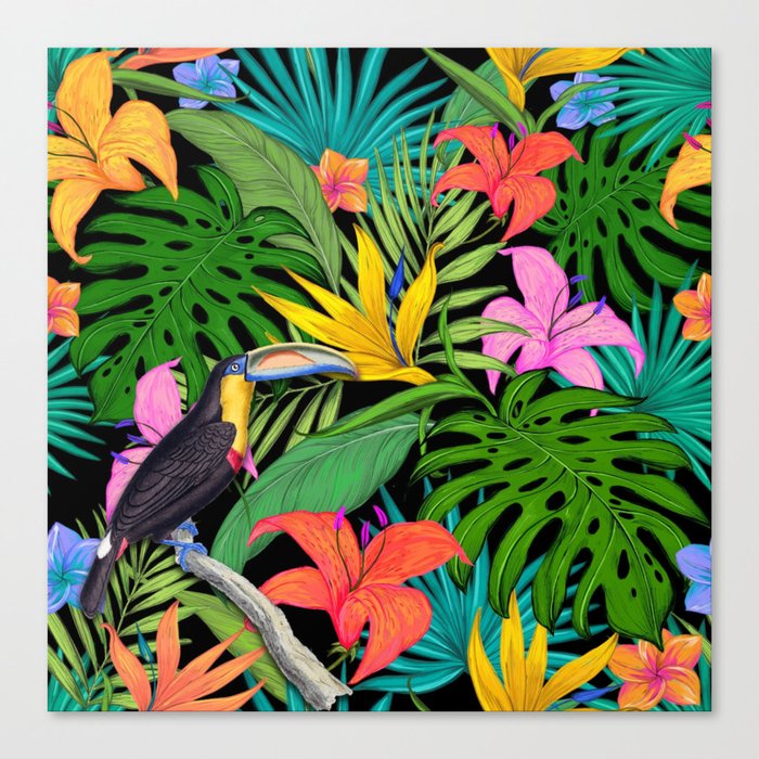 Toucan Hibiscus Floral Colorful Pattern Canvas Print