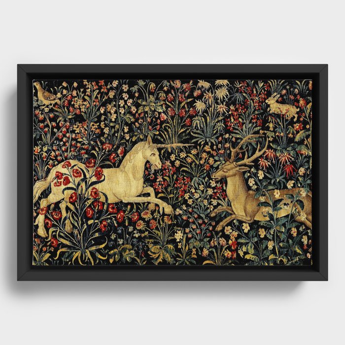 Medieval Unicorn Midnight Floral Garden Framed Canvas