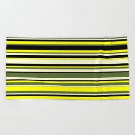 [ Thumbnail: Yellow, Dark Olive Green, Light Yellow, and Black Colored Lines Pattern Beach Towel ]