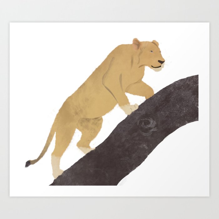 Watercolor Lioness Stalking Up a Tree Branch Art Print