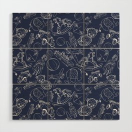 Navy Blue and White Toys Outline Pattern Wood Wall Art