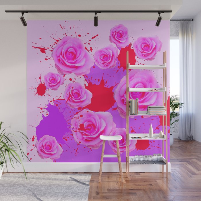 FUCHSIARED ROSES ART PAINTING SPLATTERS Wall Mural by SharlesArt