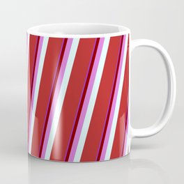 [ Thumbnail: Eyecatching Purple, Maroon, Orchid, Light Cyan, and Red Colored Lined/Striped Pattern Coffee Mug ]