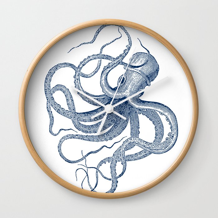 Blue nautical vintage octopus illustration Wall Clock