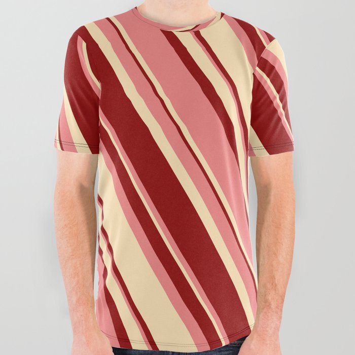 Light Coral, Beige, and Dark Red Colored Lines Pattern All Over Graphic Tee