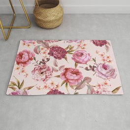 Blush Pink and Red Watercolor Floral Roses Area & Throw Rug