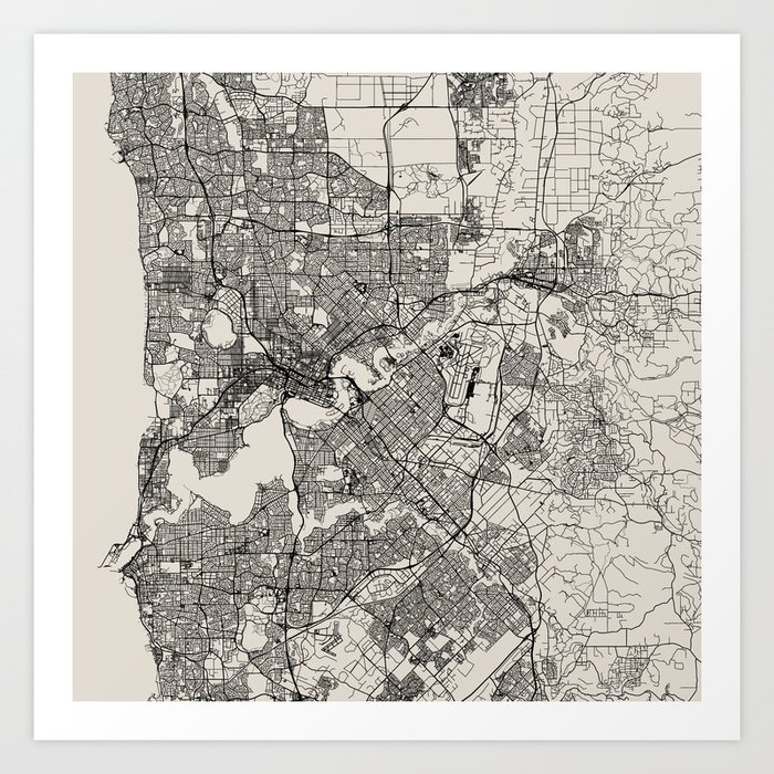 Perth - Australia - Black and White City Map Art Print